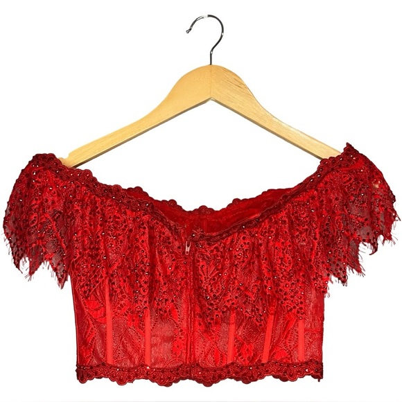 Ellie Wilde Red Sparkle Lace Off-Shoulder Corset Crop Top - Picture 2 of 5